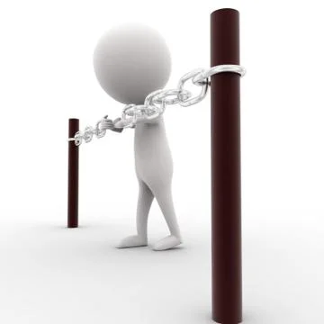 3d man tied by a chain which is connected to barriers Stock Illustration