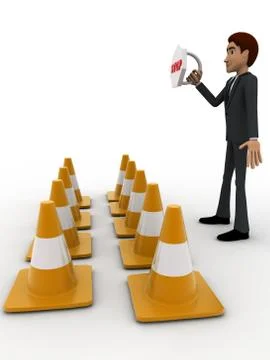 3d man with traffic cones and stop sign concept Stock Illustration