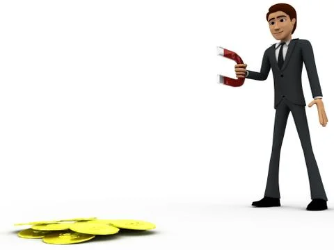 3d man try to attract dollar with magnet concept Illustrazione stock