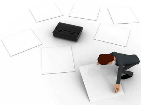 3d man try to collect scttered work paper concept Stock Illustration