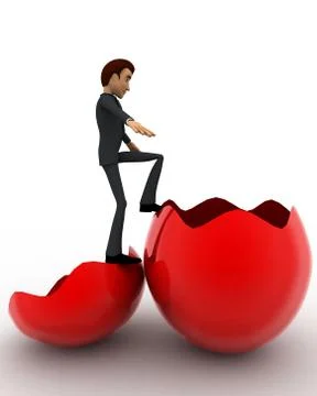 3d man trying to go inside broken red egg  concept Stock Illustration
