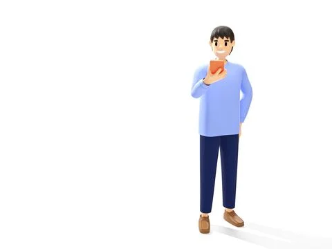 3D man use a smartphone on white background, 3D rendering. Stock-Illustration