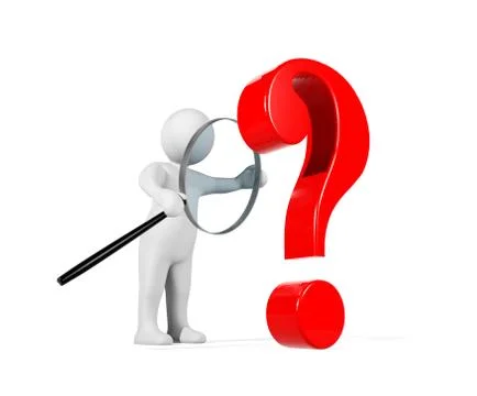 3D man using magnifying glass detecting red question mark Stock Illustration
