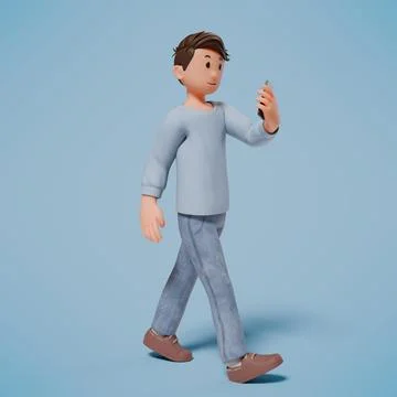 3d man walking while raising his left hand while holding the cellphone Stock Photos