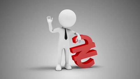 3D Man Waving Hand Leaned To Hryvnia Sign Stock Footage 249614022