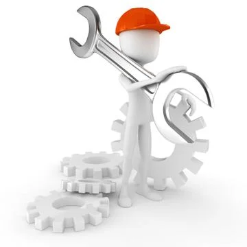 3d man worker holding a big wrench, isolated on white background Stock Illustration