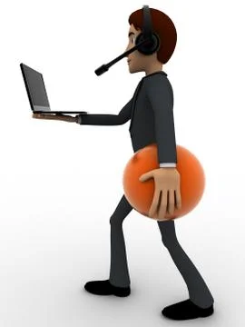 3d man working at call center while walking and working on laptop concpet Stock Illustration
