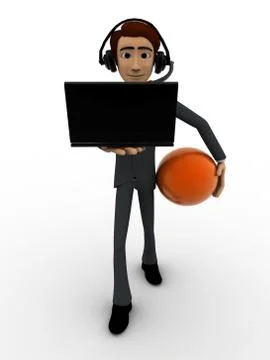 3d man working at call center while walking and working on laptop concpet Stock Illustration