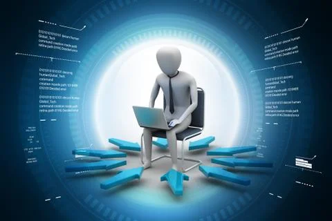 3d man working on laptop Ilustración de archivo