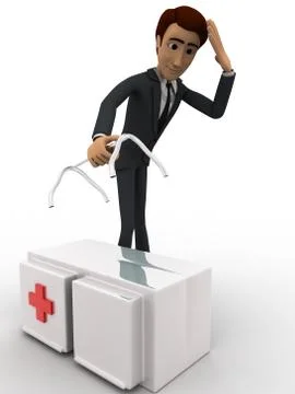 3d man worried about broken medical kit bag handle concept Illustration