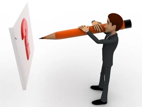 3d man writing question mark on paper with pencil concept Stock Illustration