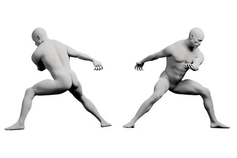 3D mannequin figure crouching front-back studio Stock Illustration