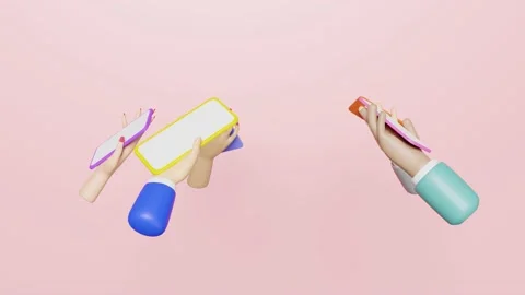 3d many hands holding smartphone spinning around isolated on pink backgroun.. Stock Footage 232967807