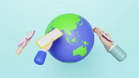 3d many hands holding smartphone with earth isolated on blue background. on.. Stock Footage 233232705
