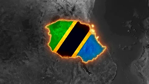 3D Map Animation Highlighting Tanzania with  Waving National Flag Stockbeeldmateriaal 343398326
