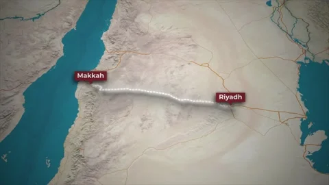 3D Map Animation Route from Riyadh to Makkah on Topographic Background Stock Footage 341871626