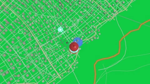 3D map blue marker appearing, zooming and drawing cyan route to pin, showing Stock Footage 339197806