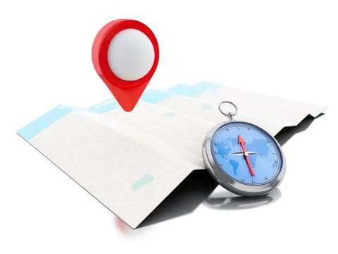3d Map with blue pointer and a compass. Stock Illustration