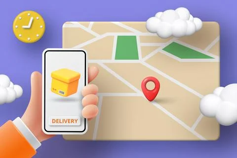 3D map. Car delivery. Phone application. Food order. Truck shipping. Smartphone Stock Illustration