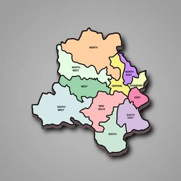 3d map of Delhi is a state of India and his colourful districts and name Stock Illustration
