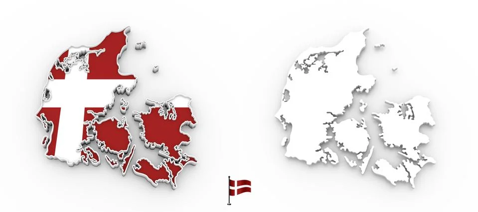3D map of Denmark white silhouette and flag Stock Illustration