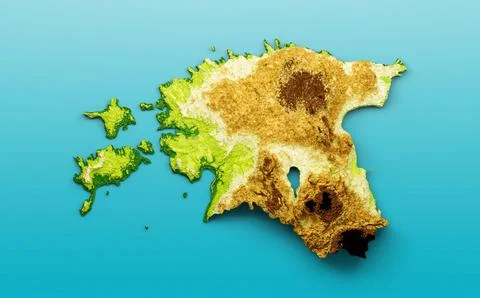 3D map of Estonia with colored and shaded height differences, isolated on a blue Ilustración de archivo
