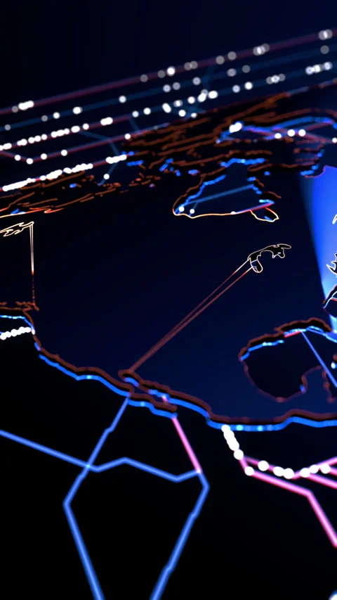 3D map with glowing lines and points showing data connections Stock Footage 323329053