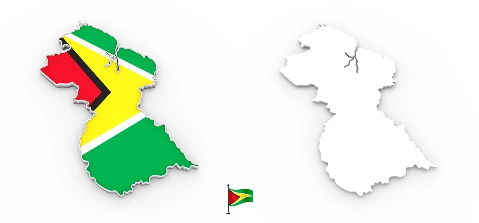 3D map of Guyana white silhouette and flag Stock Illustration