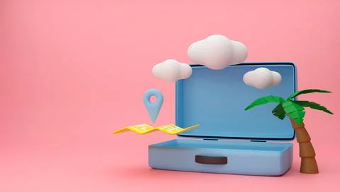 3D Map Location and Bag. Travel Summer 3D concept. 3D Render Illustrations. Stock Illustration