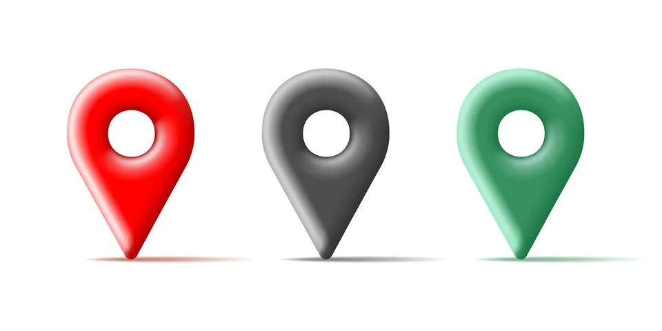 3D map location pin pointer icons set in red green and black colors. Isolat.. Stock Illustration