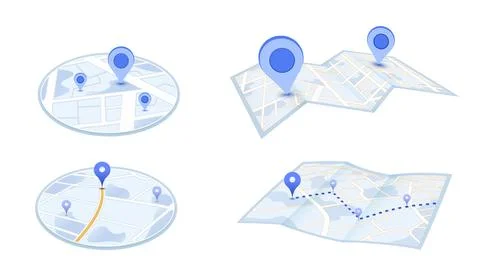 3D Map Navigation and Location Pin. Paper map navigation with location pins Stock Illustration