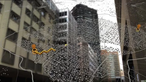 3D map overlay drawing yellow route after left orange pin appears, guiding dot Stock Footage 339448591