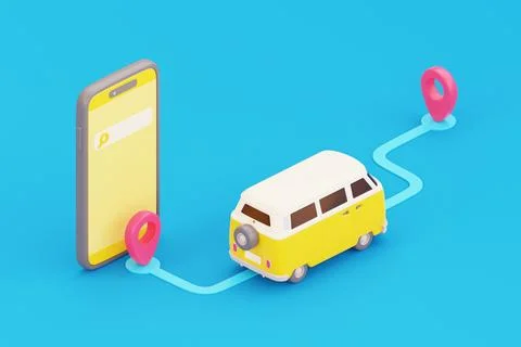 3D Map route navigation on smartphone with Retro travel van and location pi.. Stock Photos
