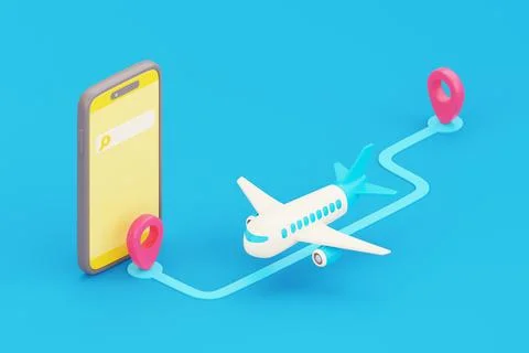 3D Map route navigation on smartphone with airplane and location pin, Touri.. Stock Photos