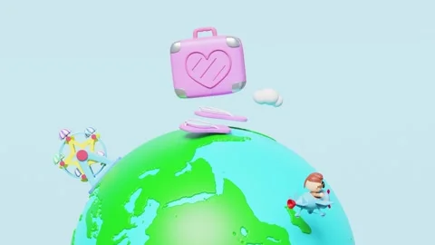 3d map with sandals, luggage, boy, propeller plane, measure, ferris wheel, .. Stock Footage 273018110