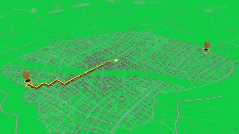 3D map showing yellow route after left-pin spark, dot tracing, connecting pins Stock Footage 339197820
