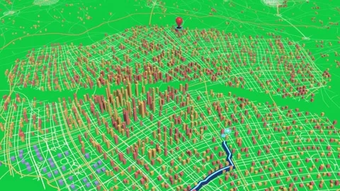 3D map on transparent bg showing pins appearing pulling back tracing route Stock Footage 339197847