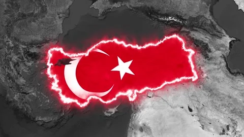 3D Map of Turkiye with Glowing Fiery Border and Turkish Flag Overlay Stock Footage 340773484