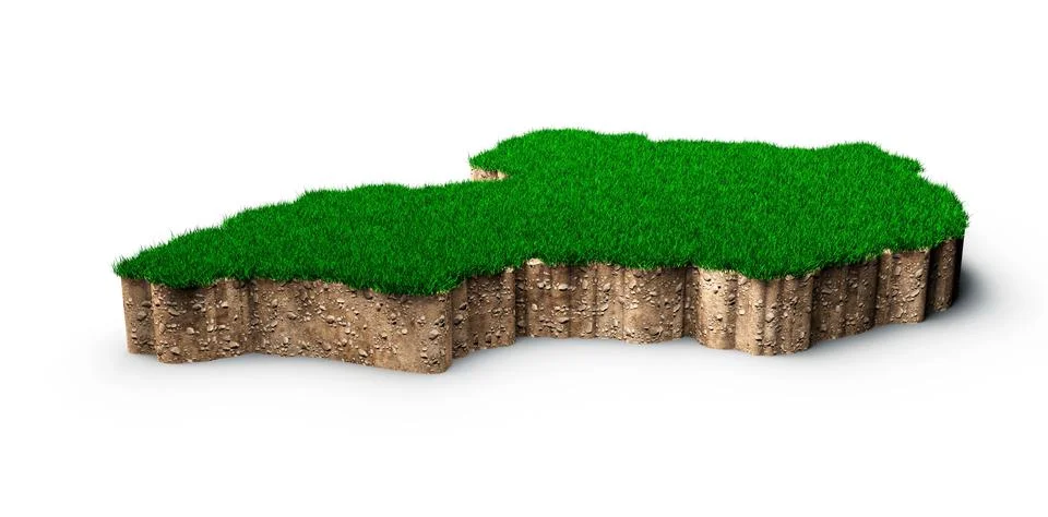 3d map of Uganda soil land geology cross section with green grass and Rock Stock Illustration