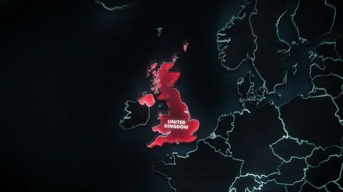 3D Map Of United Kingdom Highlighted Red On Digital Europe Background Stock Footage 340168864