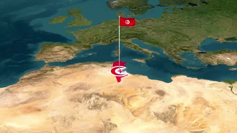 3D Map View Highlighting Tunisia with  Waving National Flag Stock Footage 342966096