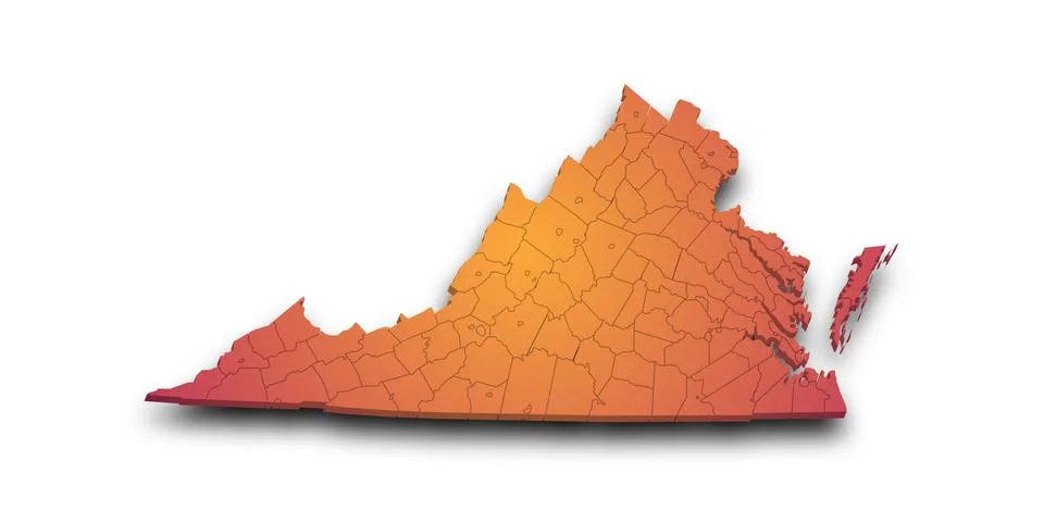 3d Map of Virginia state with counties and color. United State of America, .. Stock Illustration