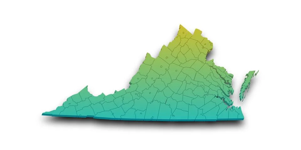3d Map of Virginia state with counties and color. United State of America, .. Stock Illustration