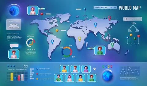 3D map. World globe. People location. Pins on network. Statistic web chart. B Stock Illustration