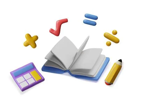 3D math tools and symbols set: notebook, pencil, calculator, plus, equal, root Stock Illustration
