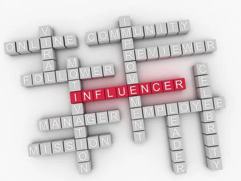 3d Max Influencer word cloud concept. Influencer marketing. Illustrazione stock