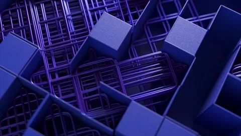 3D maze of interlocking purple cubes and grids, cast in a monochromatic blue Stock Footage 259699570