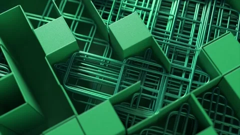 3D maze of interlocking purple cubes and grids, cast in a monochromatic green Vídeos de archivo 259705750