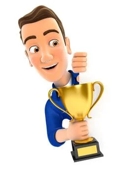 3d mechanic behind left wall and holding trophy cup Stock Illustration
