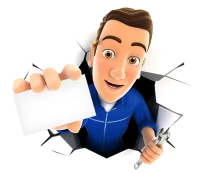 3d mechanic coming out through a wall with company card Stock Illustration